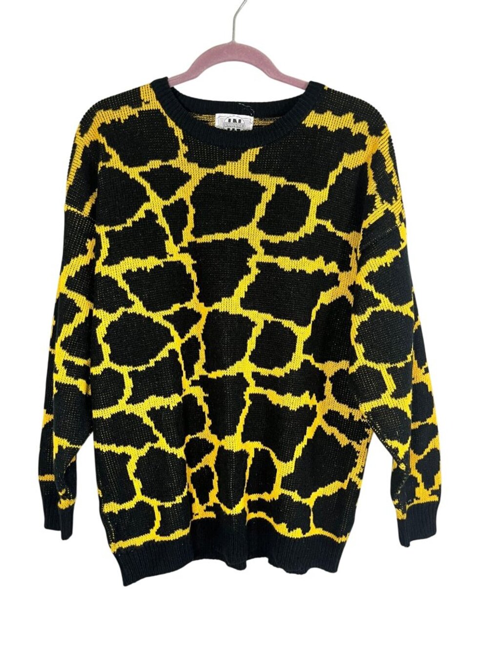 Vintage Chunky Animal Print Knit‎ Sweater Black L Retro Mod Colorful 90s Giraffe